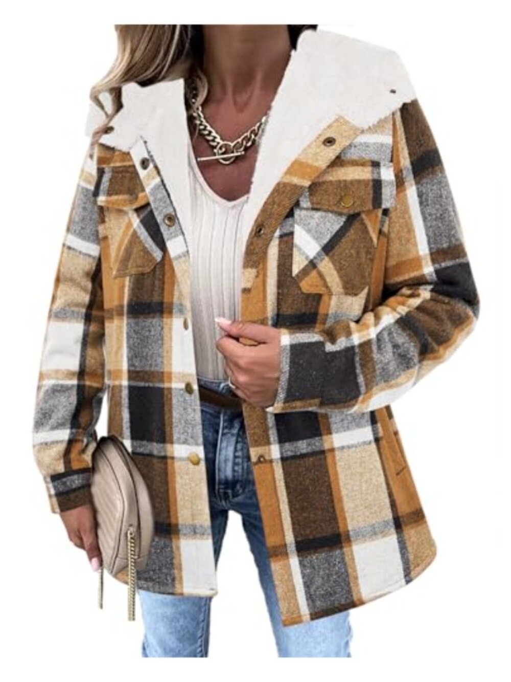 Sherpa Lined Plaid Shacket Hooded Button Front Oversized Women's Warm Coat